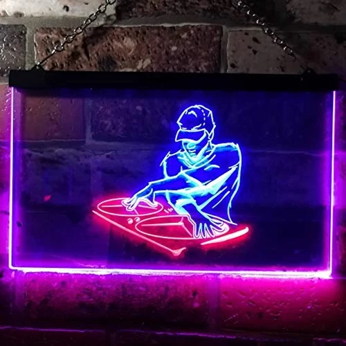 DJ Disc Jockey Disco Music Bar Beer Dual LED Neon Light Sign